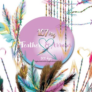 May include: A digital illustration of 107 colorful feathers and arrows with gold glitter accents. The image includes the text "107 png Feather & Arrows 300 dpi".