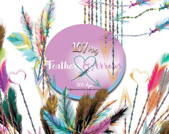 107 PNG, Ultimate Glitter Embellished Feathers & Arrows Bundle, Clipart, Graphics, Digital Illustrations, Watercolor Bright Feather, Beads