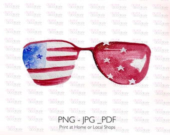 Watercolor Patriotic Stars and Stripes Sunglasses, 4th of July Clipart, Independence Day Graphics, Digital Print