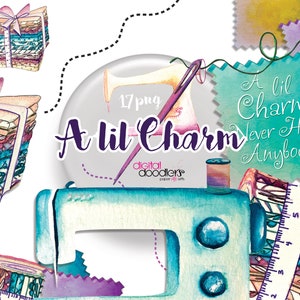 A Lil Charm, Sewing Clipart, Graphics For Quilters, Fabric, Thread, Watercolor Hand Painted Charm Packs, Fat Quarters, Digital Thread PNG