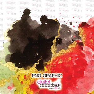 May include: Abstract watercolor background with black, red, gold, and green paint splatters. The background is white. The text "PNG GRAPHIC" and "digital doodlers paper & gifts" is at the bottom of the image.