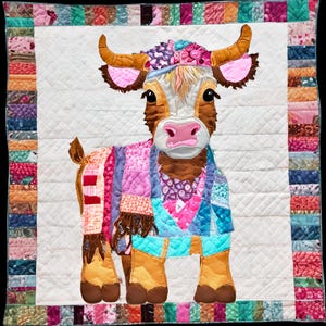 Puede incluir: Un edredón colorido con un diseño caprichoso de vaca. La vaca tiene pelaje marrón, orejas rosas y una nariz rosa. Lleva un atuendo de patchwork en tonos de rosa, azul y naranja. El edredón tiene un fondo blanco con un patrón acolchado y un borde multicolor.
