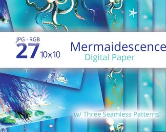 Deep Sea Mermaid Ocean Digital Paper, Jelly Fish, Watercolor Background Stationery Planner Paper, Digital Download