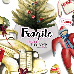 Watercolor Fragile Christmas Clipart, Xmas Story Watercolor Digital Graphics, Holiday PNG, Movie Graphics, Xmas Tree & Present Illustrations