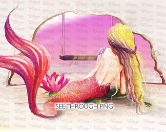 Watercolor Mermaid Clipart, Hand Painted Mermaid, Under Water Graphics, Sublimations, Sea Backgrounds, Whimsical PNG, Illustrations
