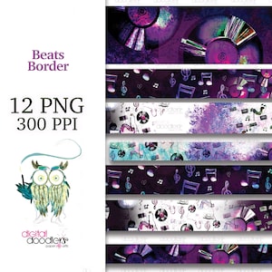 Clipart musical, graphisme de bordure aquarelle, bordures ombrées, clipart Beats, clipart musical vintage, clipart tourne-disque, autocollants planificateur
