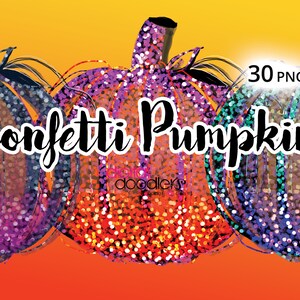 Puede incluir: Tres calabazas de purpurina en morado, naranja y azul. Las calabazas están decoradas con confeti y tienen un acabado brillante. El texto "Confetti Pumpkins" está escrito en negro en el centro de la imagen. El texto "30 PNG" está escrito en blanco en la esquina superior derecha de la imagen.