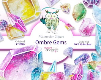 Può includere: Clipart ad acquerello di gemme ombré in varie forme e colori. Le gemme sono disposte in uno schema casuale su uno sfondo bianco. Il testo "Clipart ad acquerello Gemme ombré" è visualizzato al centro dell'immagine.