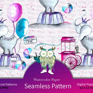 Seamless Patterns - Petite Cirque is a Fun Circus Themed Set of Digital Paper, Made With Hand Painted Watercolor Graphics from Illustrations