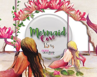 Watercolor Black Mermaid Clipart, PNG, Mermaid Tails, Lotus Flower, Hand Painted, Graphics for Design, Watercolour Clipart, Mermaid Cove