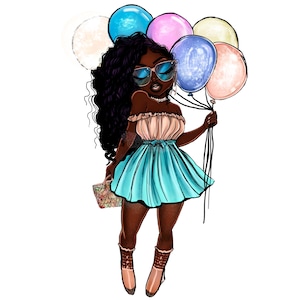 Gráficos de mulheres negras de aniversário, ilustrados à mão e com IA, uso comercial gratuito, PNG de verão, clipart de balões e aniversários, JPGs