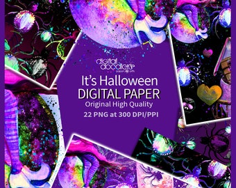 Cute and Spooky Watercolor Halloween Digital Paper, Witch Digital Paper, Fall Digital Graphics, Halloween Stationary, Purple and Black