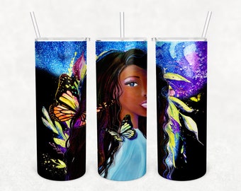 20 oz Skinny Tumbler Digital Transfer, Celestial Black Girl Magic, Sandy Background Sublimation Design PNG, Tumbler Wrap