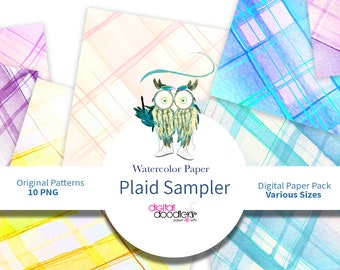 Plaid Hand Painted Watercolor Digital Paper Sampler, Patterns, Preppy Backgrounds, Ombre, Plaid, Stripes, Sky Blue, Easter Plaid Paper