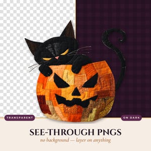 Black Cat Pumpkin Clipart PNG Bundle, Quilted Halloween Cat Sublimation, Patchwork Jack O Lantern PNG, Fall Quilt Art, Free Commercial Use