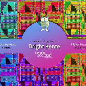 May include: A digital paper pack featuring six African inspired bright Kente patterns in 8 x 8 inches. The image displays a central purple circle with an owl illustration and the text African Inspired Bright Kente and digital doodlers.