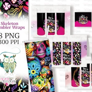 May include: Eight colorful sublimation designs for tumblers featuring a Day of the Dead theme. The designs include skulls, flowers, and the phrase "Dia de los Muertos".