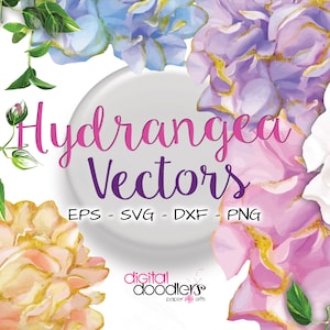 Könnte beinhalten: Ein digitaler Download von 31 Vektorgrafiken von Hortensienblüten in den Formaten EPS, SVG, DXF und PNG. Die Hortensien sind in Blautönen, Lila, Rosa und Weiß mit goldenen Akzenten gehalten. Der Text "Hydrangea Vectors" ist in rosa und lila Schrift.