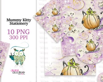 Mummy Kitty Halloween Digital Paper, Watercolor Black Cat Purple Background Printable Scrapbook Paper png file download, Animal Lover