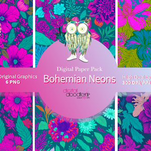 Digitaal Boho Neons-papier is geïnspireerd op een handgeschilderd mixed media-patroon doordrenkt met digitale illustratie