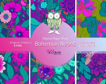 Bohemian Neons Digital Paper was Inspired by a Hand Painted Mixed Media Pattern Infused with Digital Illustration