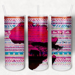 May include: Three stainless steel tumblers with a pink, blue, and white geometric pattern. The tumblers feature a silhouette of an elephant and a tree in a sunset landscape.