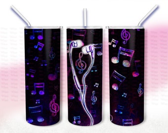 20 0z skinny tumbler designs, Musical Love Sublimation Digital Pattern, 20 oz, Ombre PNG Instant Download, Heart Music Design with Ear Buds