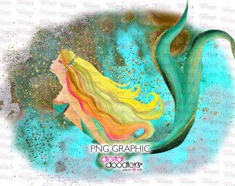 Watercolor Mermaid Ocean Sublimation, Digital Transfer, Background Designs, Nautical Themed Background, Mermaid Distressed Brushstroke PNG