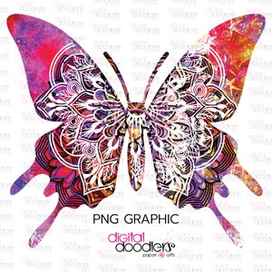 Helle Pink Ombre Mandala Schmetterling Grafik, Aquarell Splash Overlay, Gemalt Schmetterling Clipart, Wunderliche Schmetterling Illustrationen