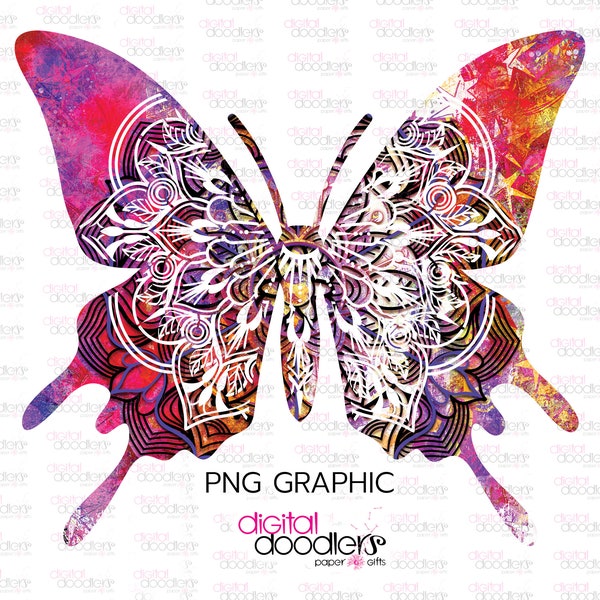 Bright Pink Ombre Mandala Butterfly Graphic, Watercolor Splash Overlay, Painted Butterfly Clipart, Whimsical Butterfly Illustrations