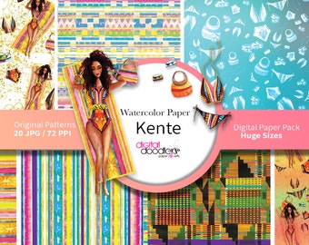 Kente Patterns, Digital Paper, Hand Painted, Watercolor, Planner Girl, Fashion Girl, Summer, Vibrant, Colorful, African, Fabric Prints