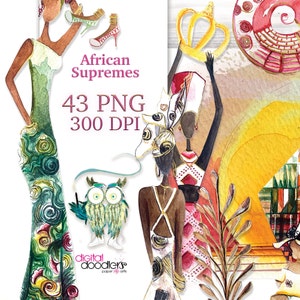 Illustrazioni dipinte a mano con acquerello della regina della melanina, uso commerciale gratuito, statuette africane, clipart africane, tessuto Kente, Supremes africane