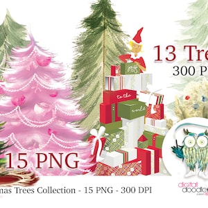Bundle de cliparts arbre de Noël, arbre de Noël peint PNG, arbres à feuilles persistantes pour Noël, clipart Noël, Illustrations pour Noël