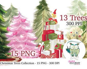 Christmas Tree Clipart Bundle, Painted Xmas Tree PNG, Evergreen Trees for Christmas Designs, Christmas Clip Art, Illustrations for Xmas