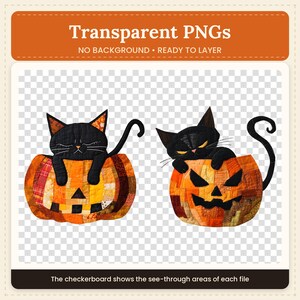 Black Cat Pumpkin Clipart PNG Bundle, Quilted Halloween Cat Sublimation, Patchwork Jack O Lantern PNG, Fall Quilt Art, Free Commercial Use