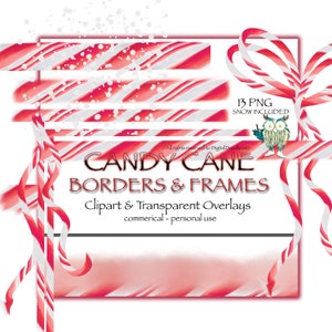 Op de afbeelding: Een digitale grafische set met rood-wit gestreepte zuurstokranden en kaders met een strik, inclusief 13 PNG-bestanden en sneeuwoverlays. De tekst luidt CANDY CANE BORDERS & FRAMES, Clipart & Transparent Overlays, commercial - personal use.