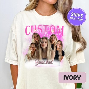 a woman wearing a t - shirt that says custom