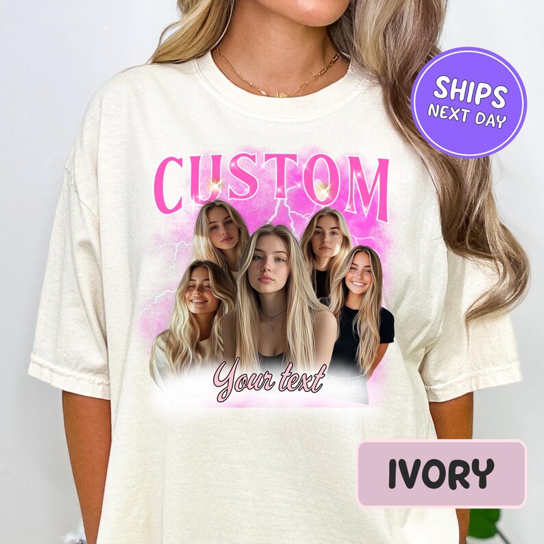 a woman wearing a t - shirt that says custom