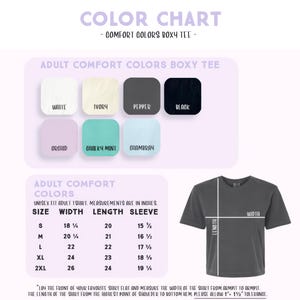 The image is a color chart for a "Comfort Colors Boxy T-shirt" that provides a visual guide for selecting the appropriate adult comfort colors based on the size and length of the t-shirt.