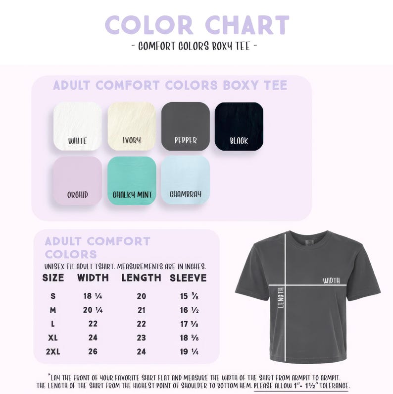 The image is a color chart for a "Comfort Colors Boxy T-shirt" that provides a visual guide for selecting the appropriate adult comfort colors based on the size and length of the t-shirt.