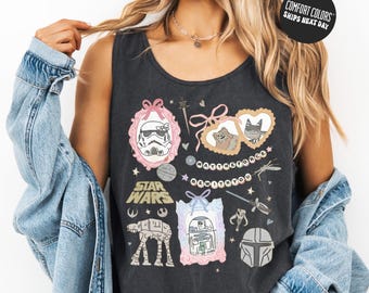 Retro Coquette Bow  Jersey Tank Top Comfort Colors Darth Vader Ewok ATAT R2D2 C3PO Shirt Disneyworld Shirt Disney Trip Shirt