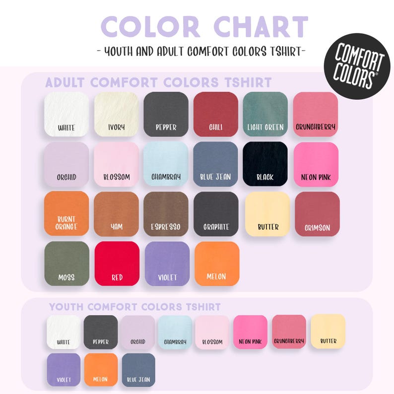 The image is a color chart for a youth and adult comfort t-shirt, displaying a variety of colors and their corresponding names.