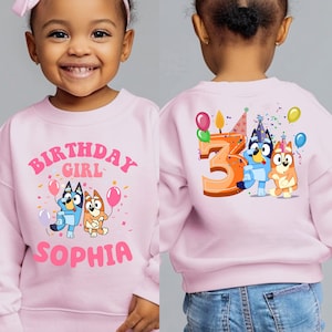 Blue Dog Custom Name Birthday Girl Shirt Kids Blue Dog Birthday Sweatshirt Custom Age Birthday Girl Sweatshirt Kids Birthday Gift For Her
