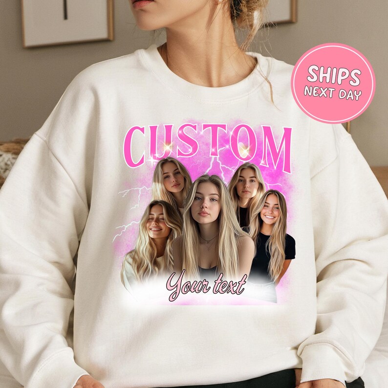 a woman wearing a white sweatshirt with a custom photo on it