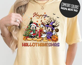 HalloThanksMas Concept Shirt Comfort Colors Disney Mickey Friends Halloween Thanksgiving Christmas Cotton Shirt HalloThanksMas Tee for Party