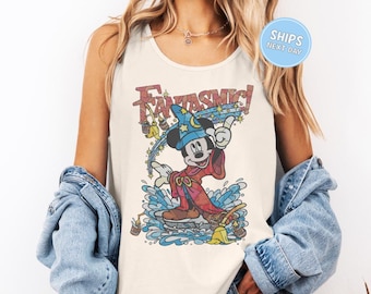 Camiseta sin mangas retro de Mickey Fantasia, camiseta sin mangas de colores cómodos de Mickey Mouse, mago de Disney, camisetas sin mangas para niños de Disney, viaje familiar a Disneyland