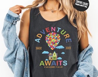 Retro Disney  Up Tank Top Comfort Colors A World Of Adventure Awaits Rainbow Balloons Tee Disneyland Vacation Tee Disney Up Movie Shirt