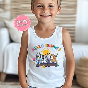 Blue Dog Hello Summer Tank Top Blue Dog Kids Shirt Blue Dog Beach Tank Top Blue Family Holiday Vacation Tank Disney Retro Tank