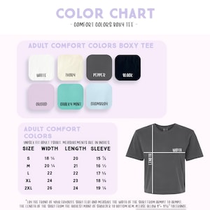 The image is a color chart for a "Comfort Colors Boxy T-shirt" that provides a visual guide for selecting the appropriate adult comfort colors based on the size and length of the t-shirt.
