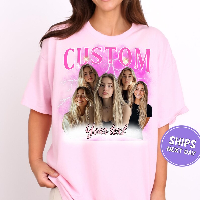 a woman wearing a pink t - shirt that says custom